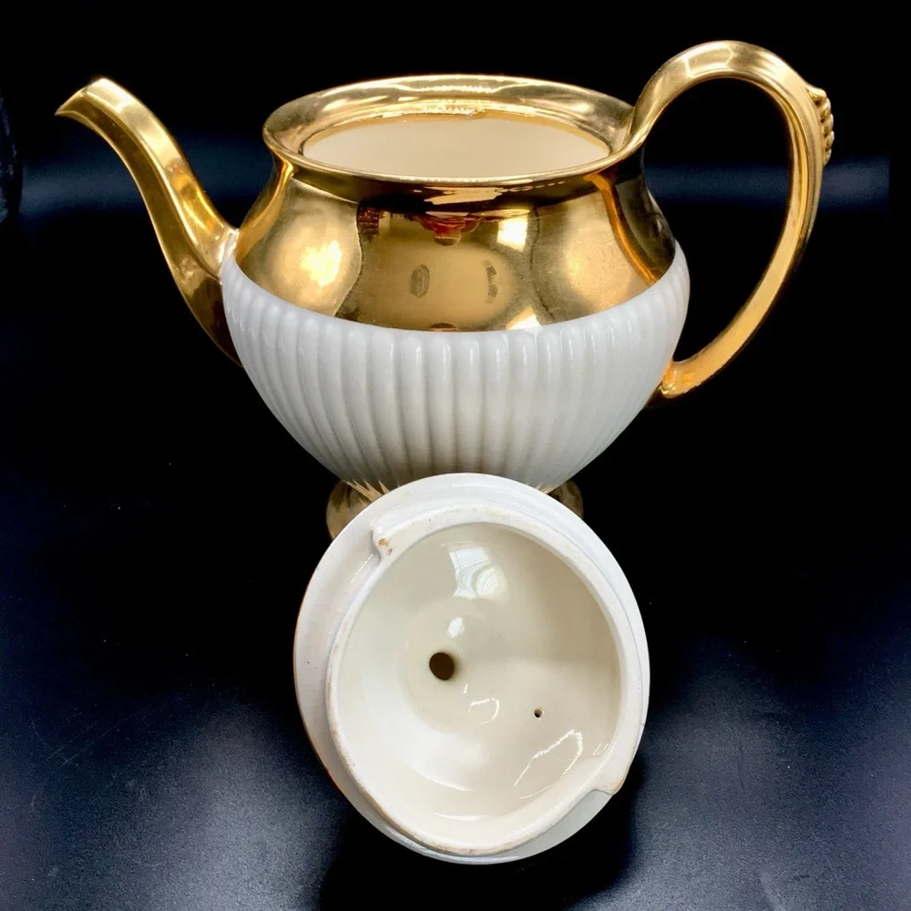 VTG 3Pc Royal Winston Grimwades Art Deco 22k Gold Teapot & Gold Rim Plate